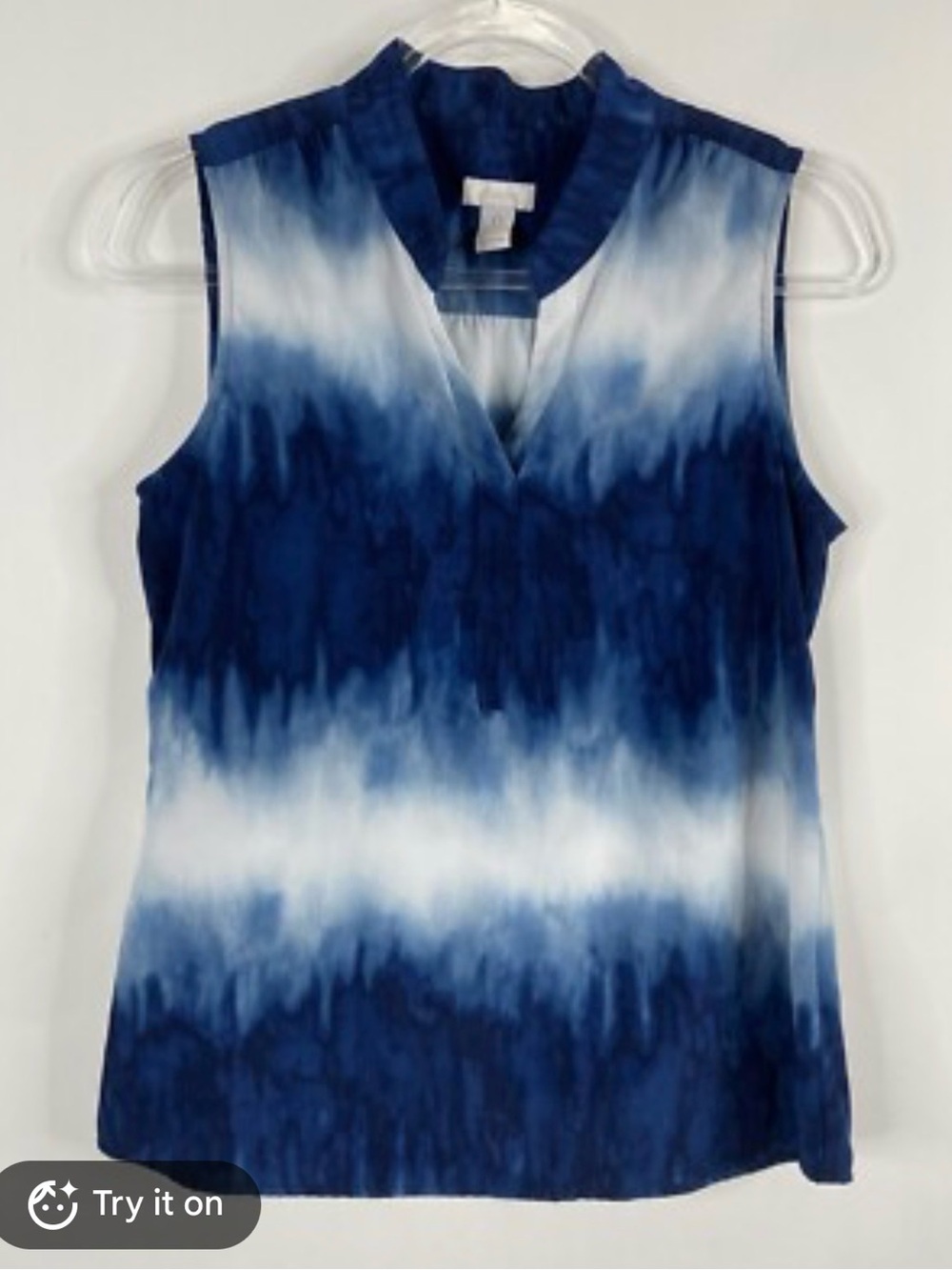 Chico's Women’s Blue White Tie Dye/Ombre Sleeveless V Neck Top, Size M (1), EUC